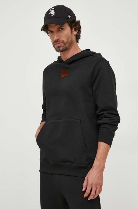 Бавовняна кофта HUGO чоловіча колір чорний з капюшоном з аплікацією (3632677)