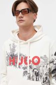 Бавовняна кофта HUGO чоловіча колір бежевий з капюшоном з принтом