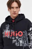 Бавовняна кофта HUGO чоловіча колір чорний з капюшоном з принтом (3632682)
