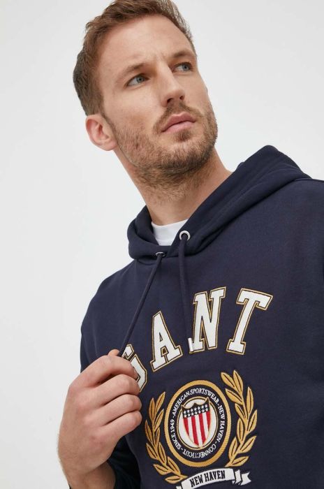 Бавовняна кофта Gant чоловіча колір синій з капюшоном з аплікацією