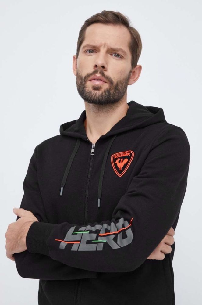 Бавовняна кофта Rossignol HERO чоловіча колір чорний з капюшоном з принтом (3649485) фото 4