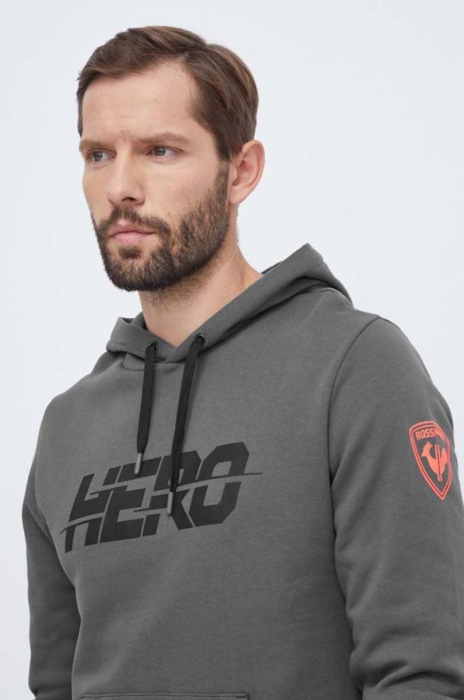 Бавовняна кофта Rossignol HERO чоловіча колір сірий з капюшоном з принтом фото 4