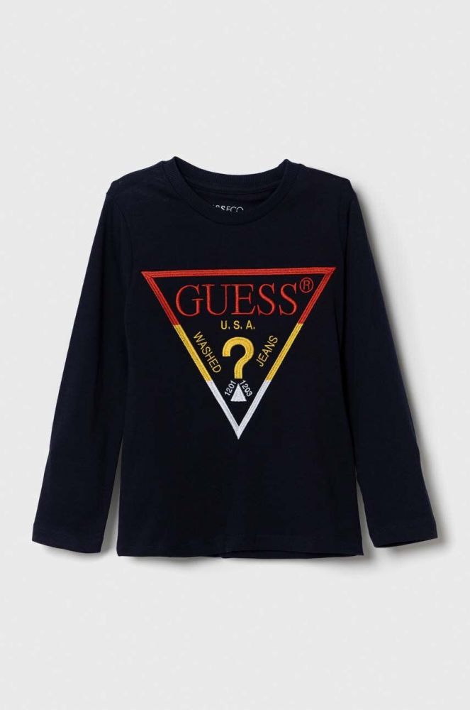 Дитячий бавовняний лонгслів Guess колір синій з аплікацією (3365831)