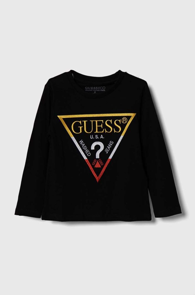 Дитячий бавовняний лонгслів Guess колір чорний з аплікацією (3365839)