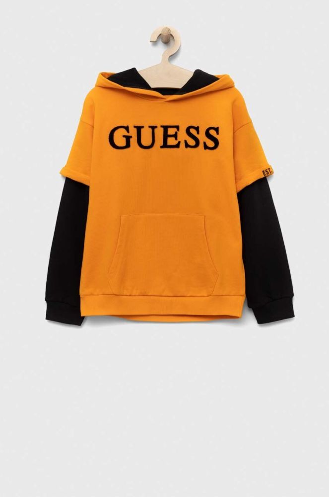 Дитяча бавовняна кофта Guess колір помаранчевий з капюшоном візерунок (3293815)