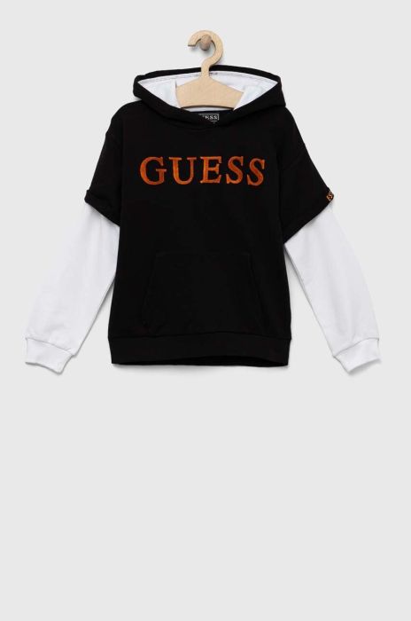 Дитяча бавовняна кофта Guess колір чорний з капюшоном візерунок (3293822)
