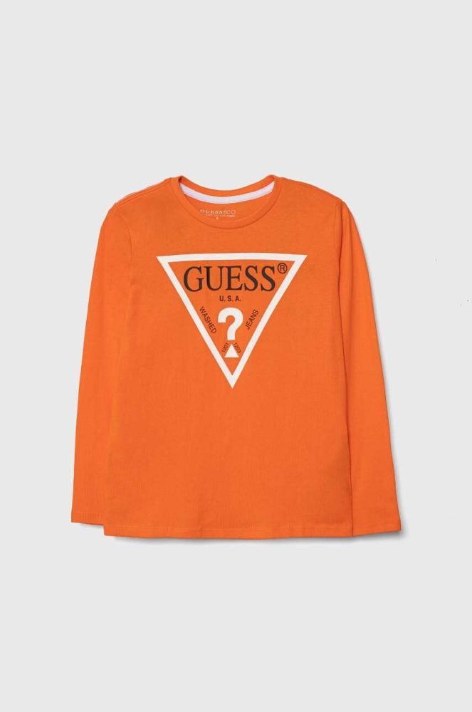 Дитячий бавовняний лонгслів Guess колір помаранчевий з принтом (3362584)