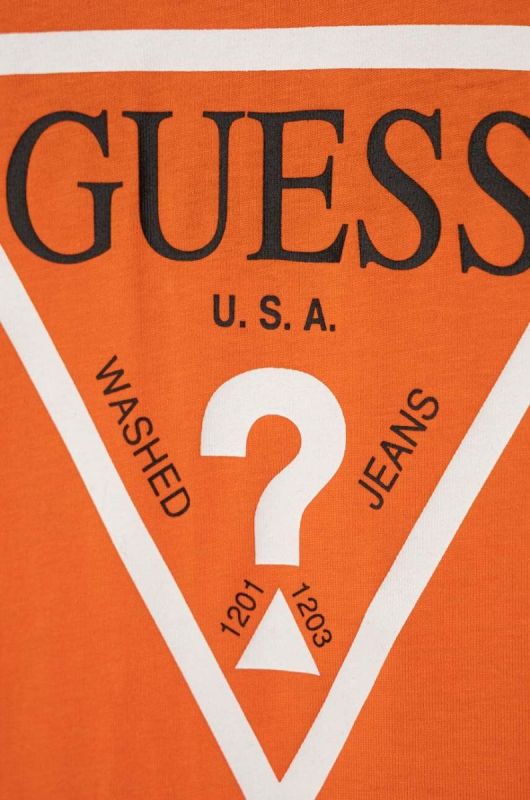 Дитячий бавовняний лонгслів Guess колір помаранчевий з принтом (3362584) фото 2