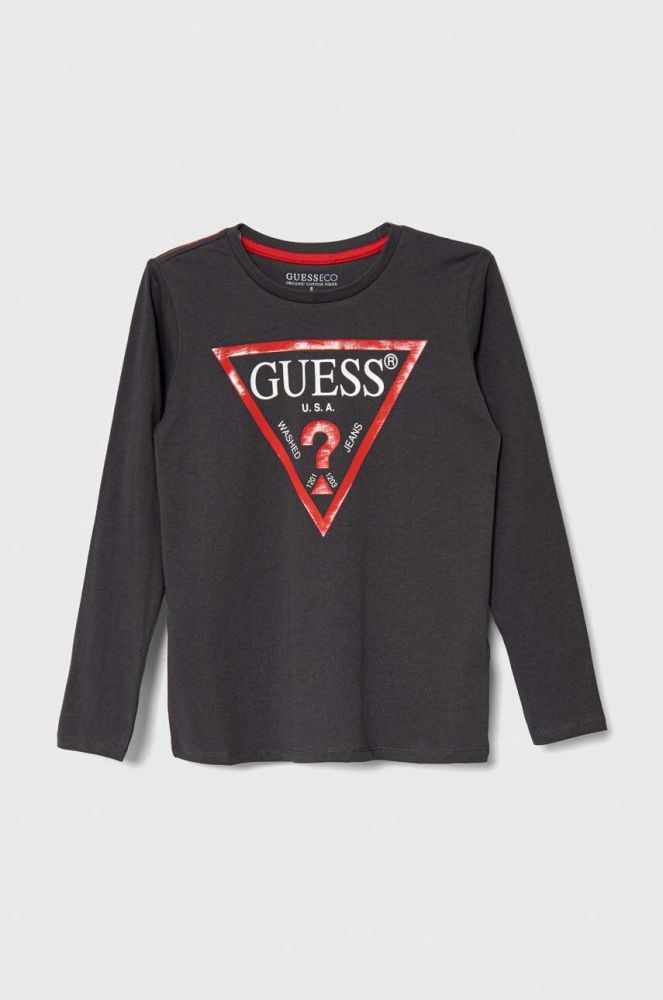 Дитячий бавовняний лонгслів Guess колір сірий з принтом (3362578)