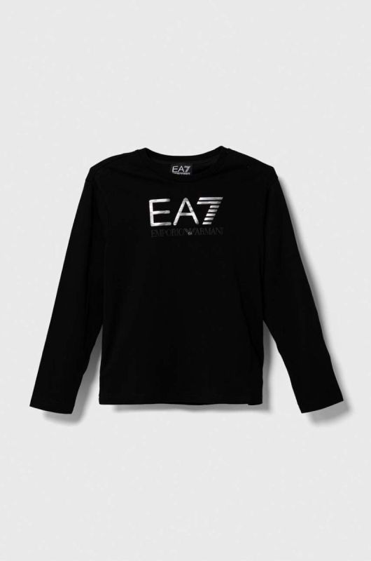 Дитячий бавовняний лонгслів EA7 Emporio Armani колір чорний з принтом