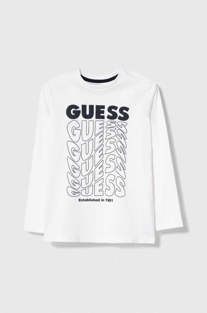 Дитячий бавовняний лонгслів Guess колір білий з принтом (3515040)