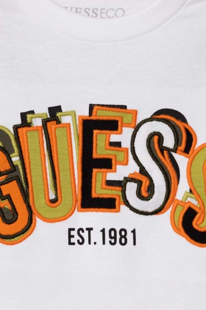 Дитячий бавовняний лонгслів Guess колір білий з аплікацією (3601605) фото 3