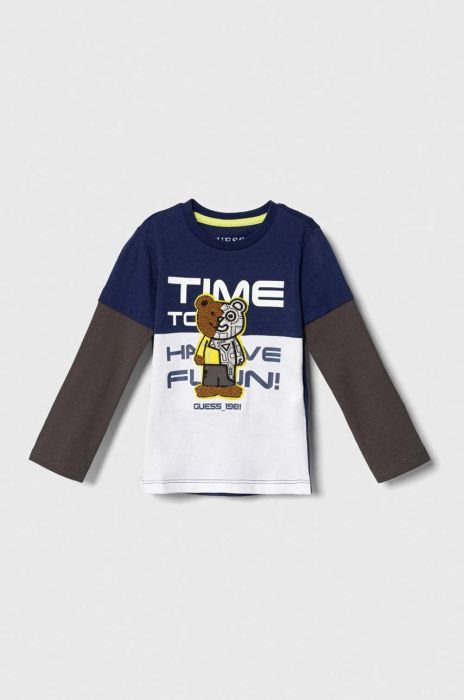 Дитячий бавовняний лонгслів Guess колір синій візерунок (3601626)