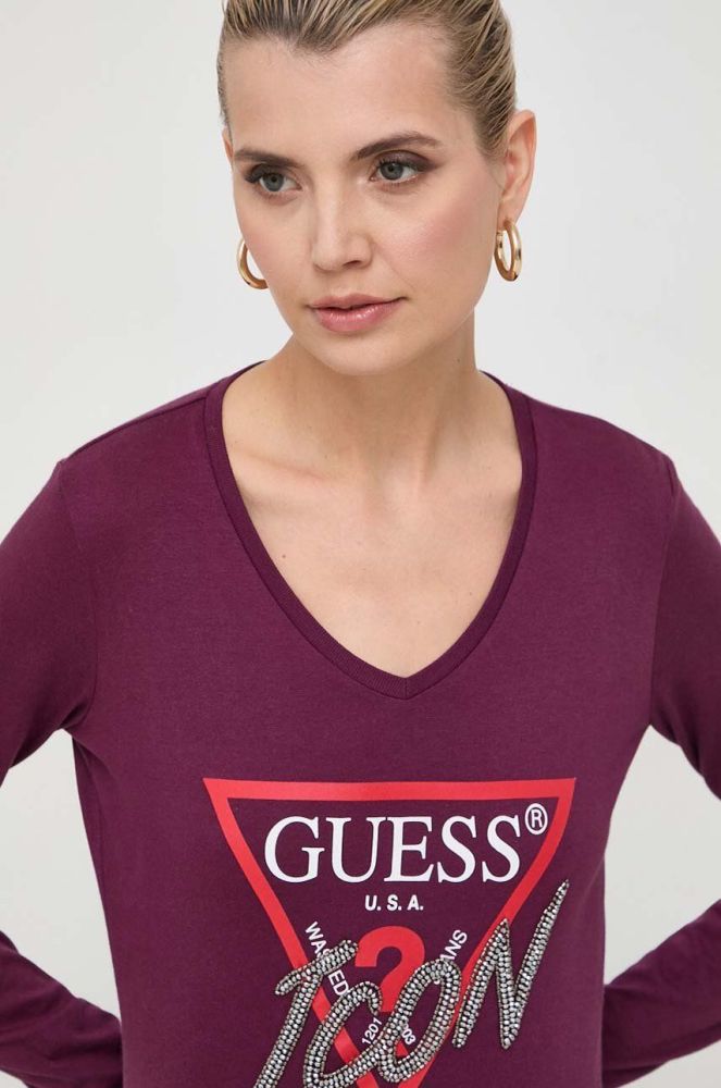 Бавовняний лонгслів Guess колір фіолетовий