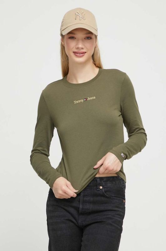 Бавовняний лонгслів Tommy Jeans колір зелений