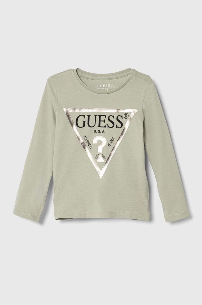 Дитячий бавовняний лонгслів Guess колір зелений (3437377)