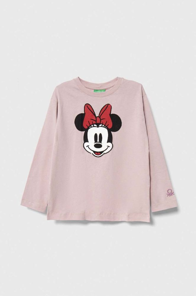 Дитячий бавовняний лонгслів United Colors of Benetton x Disney колір рожевий