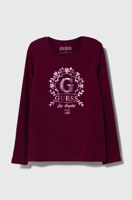 Дитячий лонгслів Guess колір бордовий