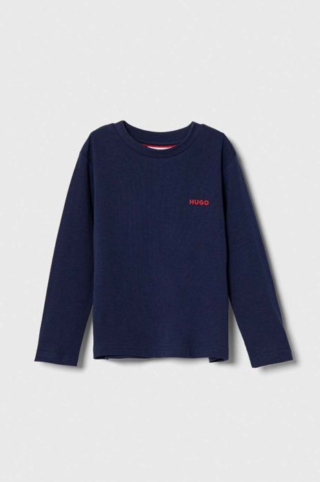 Дитячий бавовняний лонгслів HUGO колір синій однотонний (3511591)