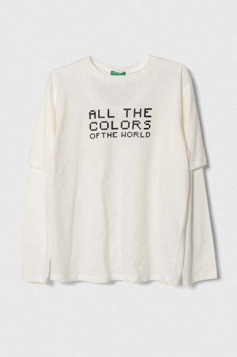 Дитячий бавовняний лонгслів United Colors of Benetton колір білий з принтом (3397526) Дитячий бавовняний лонгслів United Colors of Benetton колір білий з принтом (3397526)
