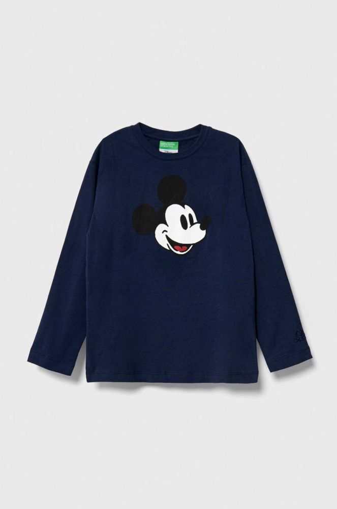 Дитячий бавовняний лонгслів United Colors of Benetton x Disney колір синій з принтом (3544046)