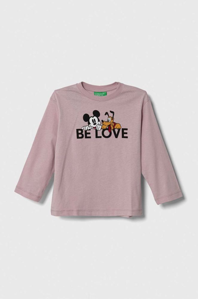 Дитячий бавовняний лонгслів United Colors of Benetton x Disney колір рожевий з принтом