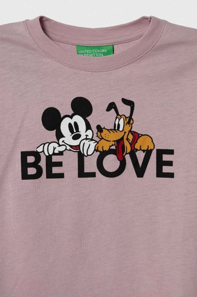 Дитячий бавовняний лонгслів United Colors of Benetton x Disney колір рожевий з принтом фото 3
