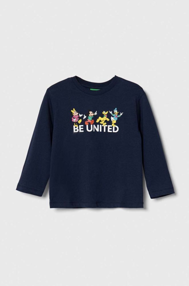 Дитячий бавовняний лонгслів United Colors of Benetton x Disney колір синій з принтом (3544469)