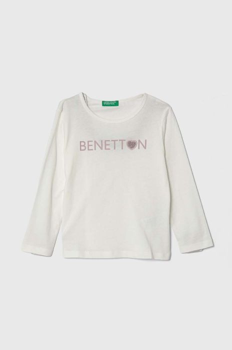 Дитячий бавовняний лонгслів United Colors of Benetton колір білий з принтом (3629399)