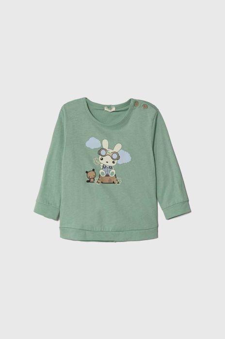 Бавовняний лонгслів для немовлят United Colors of Benetton колір зелений з принтом