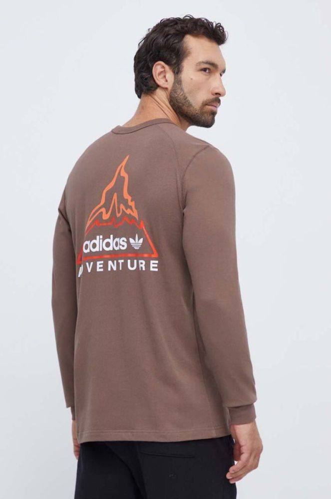 Бавовняний лонгслів adidas Originals колір коричневий з принтом фото 3