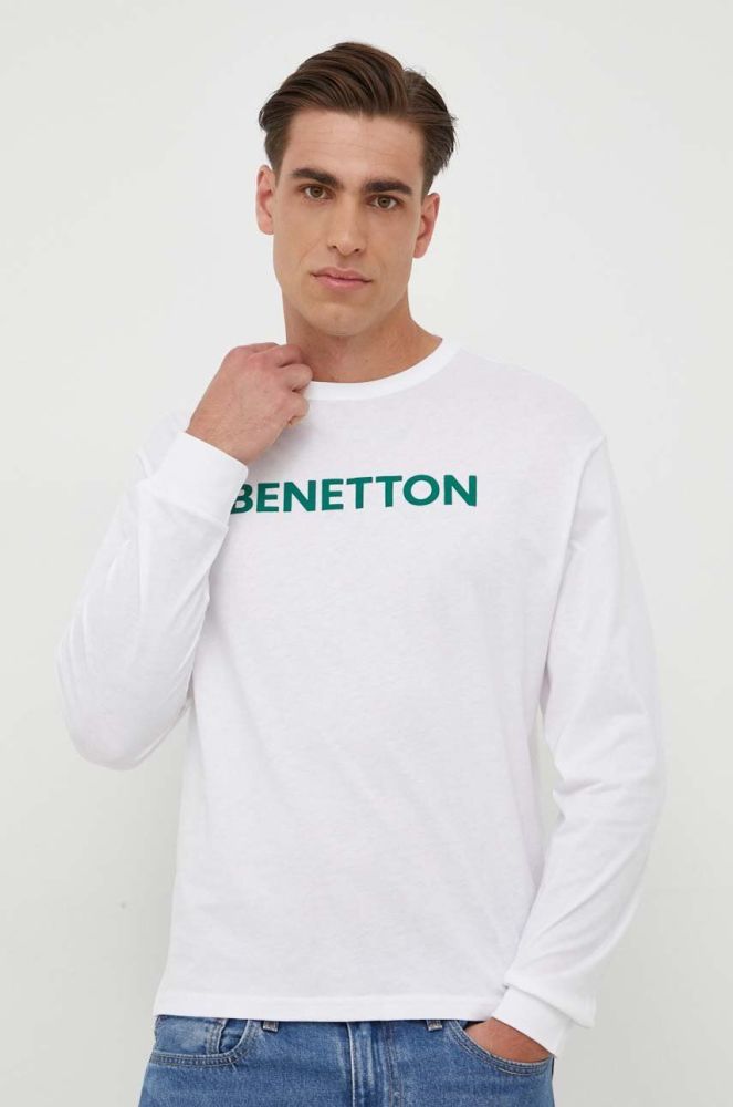 Бавовняний лонгслів United Colors of Benetton колір білий з принтом (3415095)