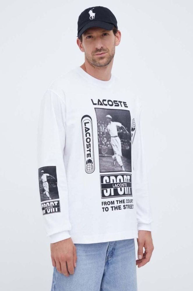 Бавовняний лонгслів Lacoste колір білий з принтом фото 2