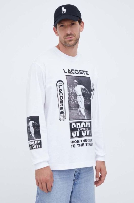 Бавовняний лонгслів Lacoste колір білий з принтом фото 2