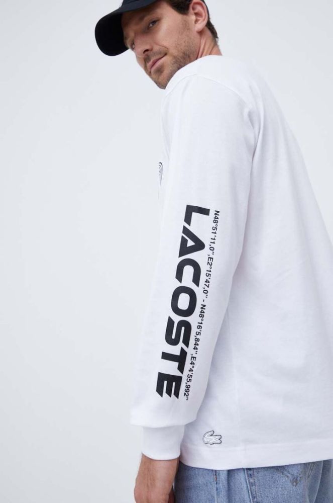Бавовняний лонгслів Lacoste колір білий з принтом фото 3
