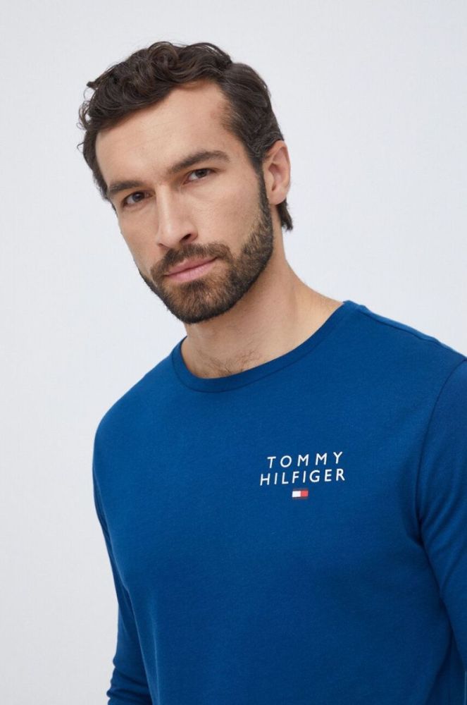 Бавовняний лонгслів лаунж Tommy Hilfiger однотонний колір блакитний фото 4
