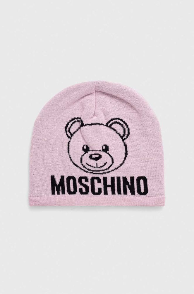 Вовняна шапка Moschino колір рожевий з товстого трикотажу вовна