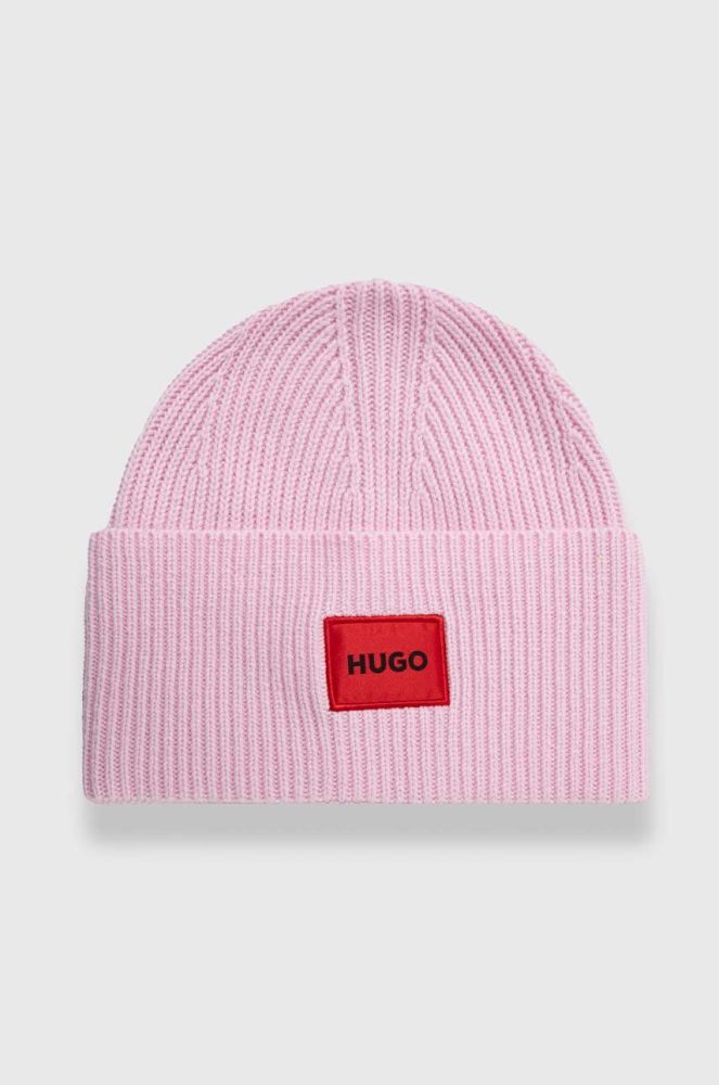 Вовняна шапка HUGO колір рожевий з товстого трикотажу вовна
