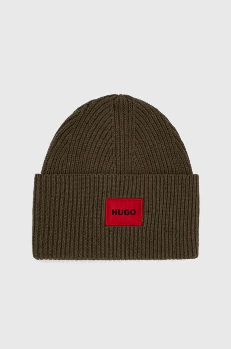 Вовняна шапка HUGO колір зелений з товстого трикотажу вовна