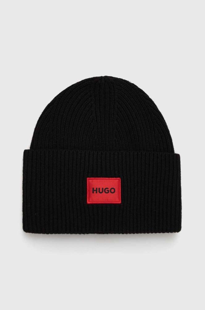 Вовняна шапка HUGO колір чорний з товстого трикотажу вовна (3506960)