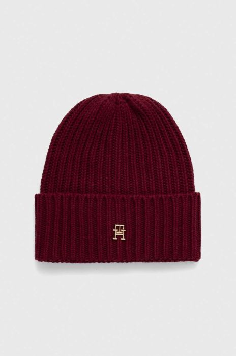 Шапка з домішкою вовни Tommy Hilfiger колір бордовий з товстого трикотажу
