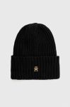 Шапка з домішкою вовни Tommy Hilfiger колір чорний з товстого трикотажу Шапка з домішкою вовни Tommy Hilfiger колір чорний з товстого трикотажу