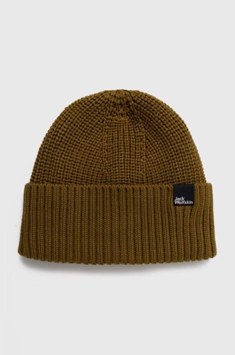 Вовняна шапка Jack Wolfskin колір зелений з тонкого трикотажу