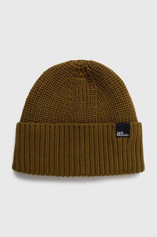 Вовняна шапка Jack Wolfskin колір зелений з тонкого трикотажу
