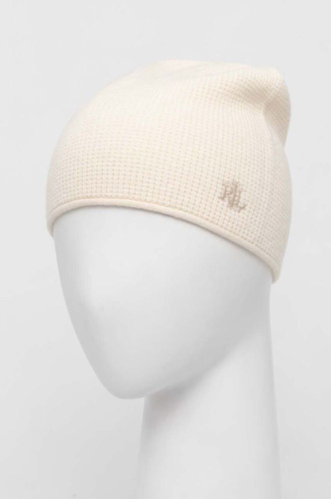Вовняна шапка Lauren Ralph Lauren колір бежевий з тонкого трикотажу вовна фото 3