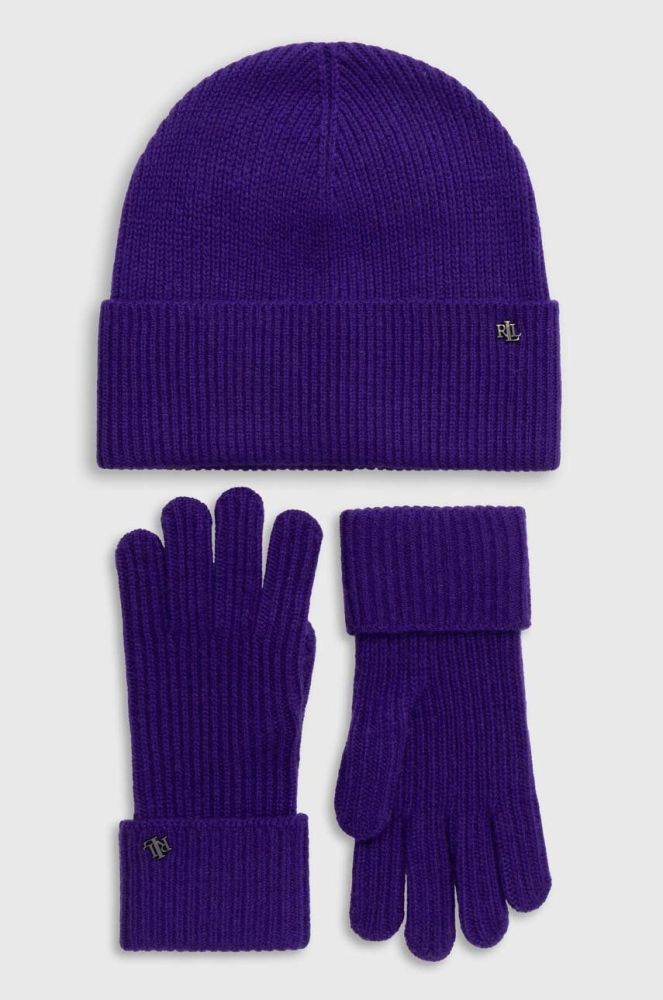 Вовняні шапка та рукавички Lauren Ralph Lauren колір фіолетовий