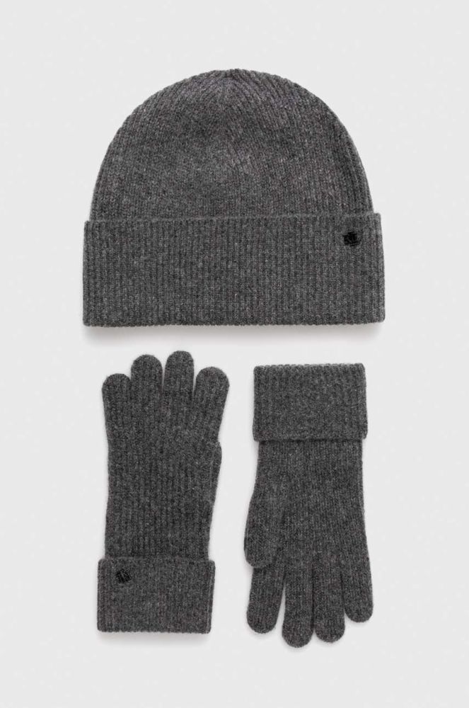Вовняні шапка та рукавички Lauren Ralph Lauren колір сірий