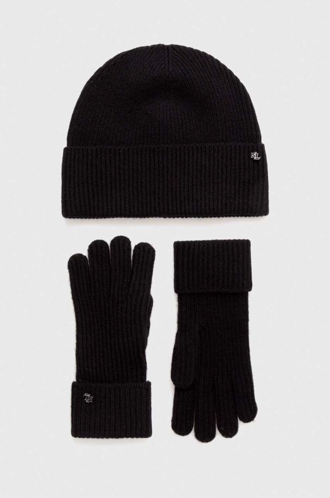 Вовняні шапка та рукавички Lauren Ralph Lauren колір чорний