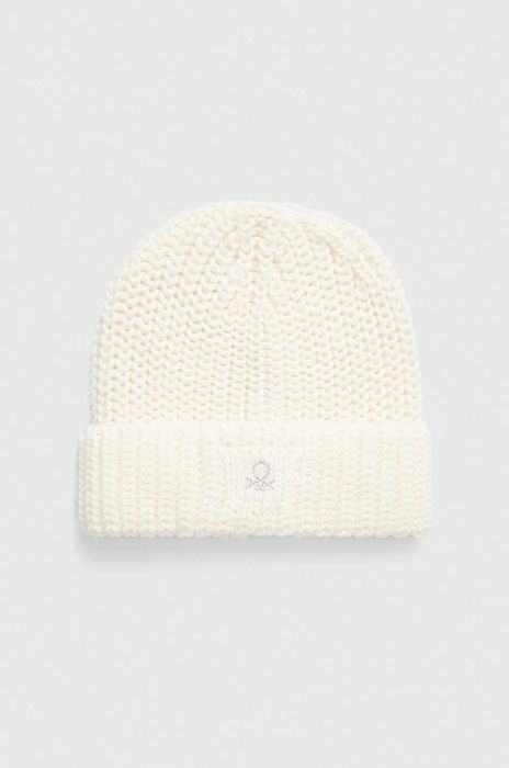 Дитяча шапка з домішкою вовни United Colors of Benetton колір білий з товстого трикотажу