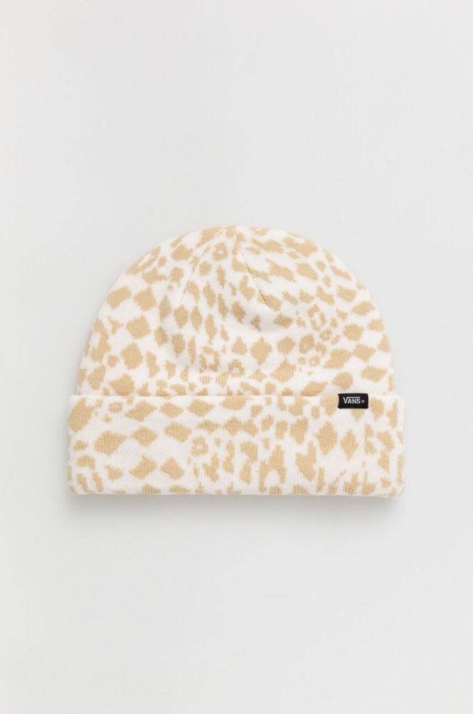 Дитяча шапка Vans VN000F9HBSM1 CHEETAH CHECK BEANIE колір бежевий з товстого трикотажу